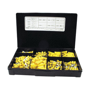 A black Sparex Pre Insulated Terminal Kit, Standard Grip Yellow (Handipak 270 pcs.) organizer box, containing various yellow wire connectors with a diagram and labeling guide attached to the inside of the lid.