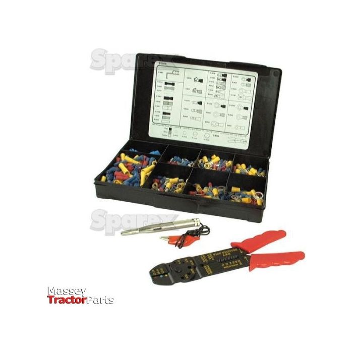 The Sparex Pre Insulated Terminal Kit complete with Crimping Tool and Electrical Tester (S.3056) is a versatile toolkit featuring various electrical connectors, a red-handled crimping tool, a testing pen, and a black plastic case with compartments and a diagram on the lid. It is suitable for both professional and DIY projects.