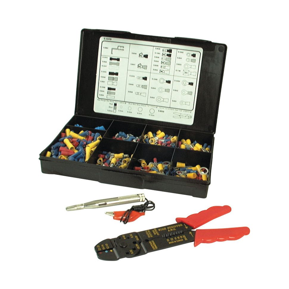 A Sparex Pre Insulated Terminal Kit complete with Crimping Tool and Electrical Tester (S.3056) features a black plastic organizer box holding various electrical connectors in compartments, an instruction label with manufacturing information inside the lid, and tools such as a screwdriver and a wire crimper placed outside the box.