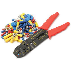 Wire stripper with red handles placed next to a pile of assorted insulated electrical connectors in various colors, alongside a crimp tool from the Sparex Pre Insulated Terminal Kit with Crimp Tool, Standard Grip Assorted (Agripak 80 pcs), Sparex Part No.S.24719.