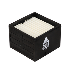 A black, cube-shaped pre-fuel filter with horizontal white pleats labeled "AGCO" and part number "3907943M1," ideal for Massey Ferguson tractor parts and the DYNA 6 system.