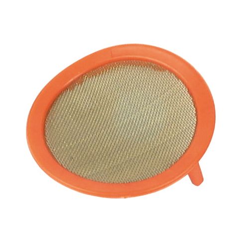 Close-up of a round mesh strainer with an orange plastic rim, featuring Sparex's Filter for Plastic Funnel (Sparex Part No. S.5594) signature design and quality.