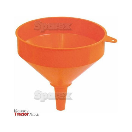 A Sparex branded orange plastic funnel, model S.30157 with a 250mm diameter, features a conical shape and a handle tab on the side. The "Sparex" logo and "Massey Tractorparts" text are displayed in the bottom left corner, underscoring its precise specifications as an essential tool for efficient fluid transfer.