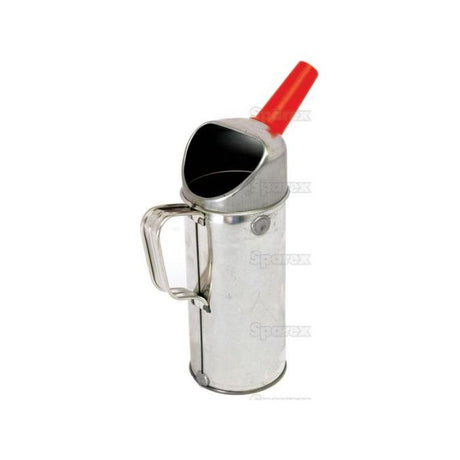 The Sparex Metal Jug - 1L (Part No. S.30159) features a metallic oil canister design with a handle and red spout, ensuring easy pouring while combining functionality with durability.