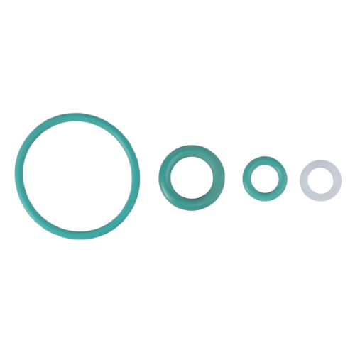 Four O-rings of various sizes are aligned in a row from left to right, with the largest on the left and the smallest on the right. The O-rings, reminiscent of precision-engineered components in AGCO's Fendt pressure relief valve joint kit (F716100600100), are teal, except for the smallest one which is white.