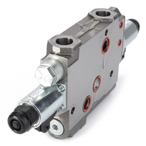 The AGCO Massey Ferguson - Pressure Valve - 3796943M3 is a metal hydraulic valve block with multiple ports and red O-rings, featuring black and silver cylindrical components on either end, designed for compatibility with the Massey Ferguson 6400 Series.