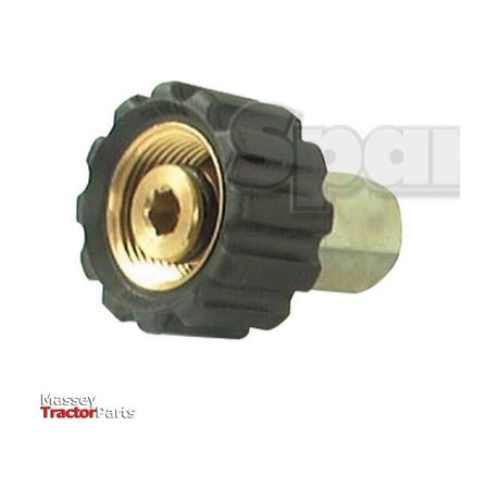 Close-up of the Sparex Pressure Washer Adaptor M22 knurled thumb nut x 1/4''BSP female (Sparex Part No. S.56411), featuring a brass and black plastic knob or cap, internal threads, and a hexagonal socket at its center. The 1/4'' thread is visible against a background with faint logos and text.