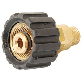 Close-up image of a Pressure Washer Adaptor M22 knurled thumb nut x 1/4''BSP male with a black plastic handwheel, designed for connecting hoses or similar equipment. Ideal for use with PARKER HANNIFIN systems or Karcher pressure washers. Brand: Sparex, Product No.S.56428.