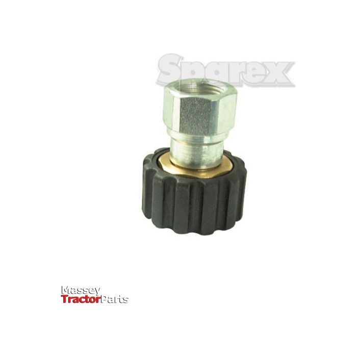 The Pressure Washer Adaptor M22 knurled thumb nut x 3/8''BSP female (Sparex Part No.S.56429) is showcased against a white background, featuring a black, ribbed base and a hexagonal top, with partial text "Spares" and "Massey Tractor Parts" visible.