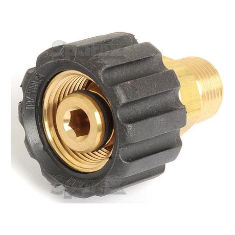 Close-up of a Sparex Pressure Washer Adaptor M22 knurled thumb nut with a black, ridged plastic grip and 3/8'' BSP male threading (Part No. S.56412).