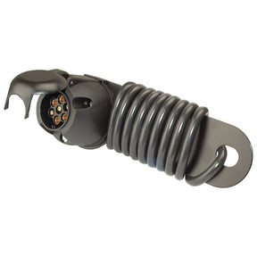 The Sparex Prewired Single 7 Pin Socket & Plate Assembly 12v (Part No. S.14339) is a coiled black trailer wiring harness connector with a lid, specifically designed for connecting trailers to towing vehicles for electrical signal transmission.