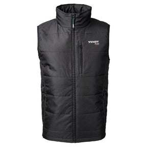 The Fendt - Profi Bodywarmer - X9910180C from AGCO is a black sleeveless puffer vest featuring a front zipper closure and the "Fendt Profi" logo on the left chest. Made from windproof material, it boasts a zippered chest pocket and side pockets for added utility, along with reflective accents to ensure safety in the dark.