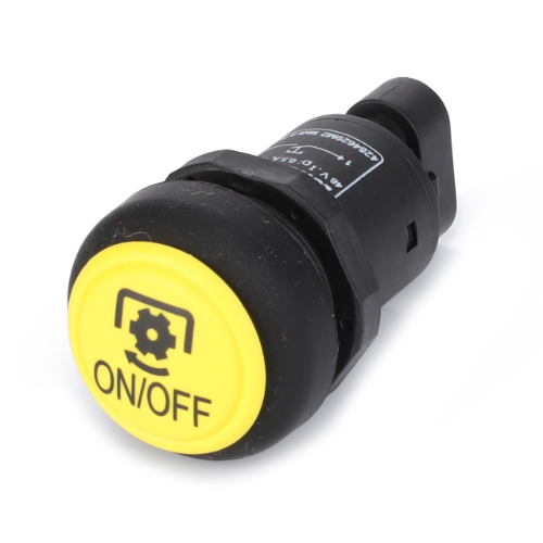 A black and yellow on/off push button switch with a gear icon on the yellow button, labeled "10A/250V~," ideal for Massey Ferguson tractors. This product is known as the Massey Ferguson - Pto Switch on/off - 4284629M2, and it is made by AGCO.