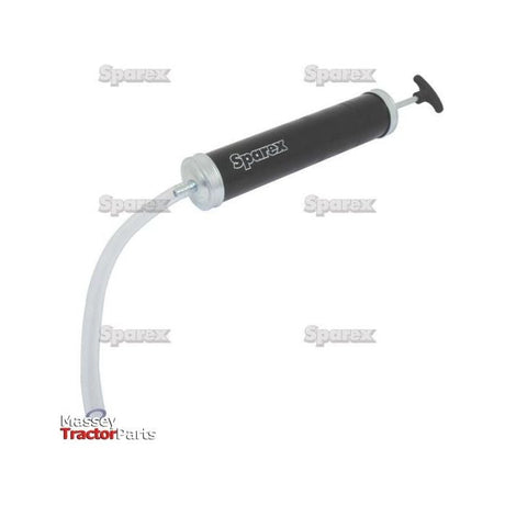 A black and silver manual pump with a flexible vinyl hose, branded "Sparex," is displayed against a white background. The words "Massey Tractor Parts" are written at the bottom left corner. This rugged Pump-Suction Gun (S.25463) is ideal for dispensing gear oils efficiently.