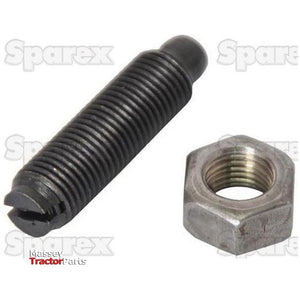 Close-up of a Push Rod Adjuster (Sparex Part No.S.127983) with a black threaded bolt and ridged cylindrical body next to a hexagonal nut on a light-colored background. The word "Sparex" is faintly visible, highlighting its compatibility with Ford / New Holland machinery.