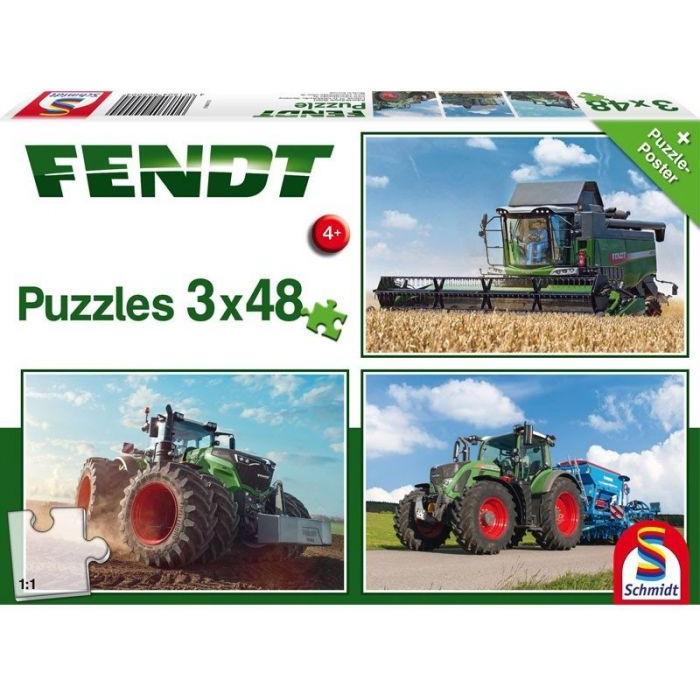 Box of Fendt-themed jigsaw puzzles, featuring three 48-piece puzzles showcasing images of Fendt farm machinery, including the impressive Fendt 724 Vario. Product Name: Fendt - Puzzle Set (3x48 pieces) - X991017005000 by AGCO.
