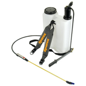 The Quality Heavy Duty Knapsack Sprayer (16L) - S.52400 by Sparex is a white sprayer equipped with black straps, featuring a high-pressure hose, pump handle, and spray wand.