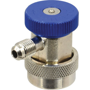 The Quick Coupling by Sparex, part number S.137915, is a versatile brass adapter featuring a blue plastic knob and a threaded 1/4'' connector. It's designed for attaching and regulating gas or liquid flow in plumbing or industrial setups, making it essential for low-side applications.