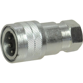 Close-up of the Sparex Quick Release Hydraulic Coupling Female 3/8'' Body x 3/8'' BSP Female Thread (Sparex Part No.S.2958) with three pins, featuring a knurled grip and a hexagonal base, resembling the design of a carbon steel electrical connector.