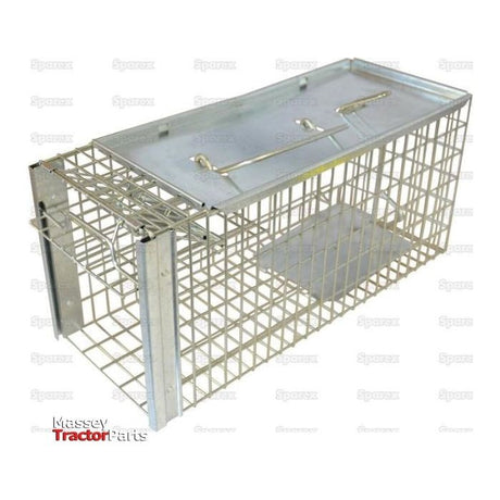 Sparex Rat Trap (Part No. S.22414), a metal cage-style live animal trap, features a spring-loaded door and a handle for carrying. The background is white with faint text that reads "Sparq" repeatedly, and the bottom left corner showcases the "Massey Tractor Parts" logo.