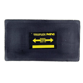 A black rectangular tire repair patch labeled "REPAIR PATCH-RADIAL-100X200MM" with yellow lettering and arrows, part of the Radial Tyre Repair Patches line by Sparex, Part No. S.19806.