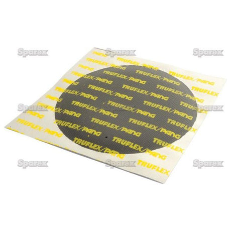 A black tire repair patch with "Sparex" branding repeatedly printed on a yellow and white background packaging, suitable for both tubeless tire and tube repair needs. The product is named REPAIR PATCH - TUBE - 35MM (Sparex Part No. S.19800).