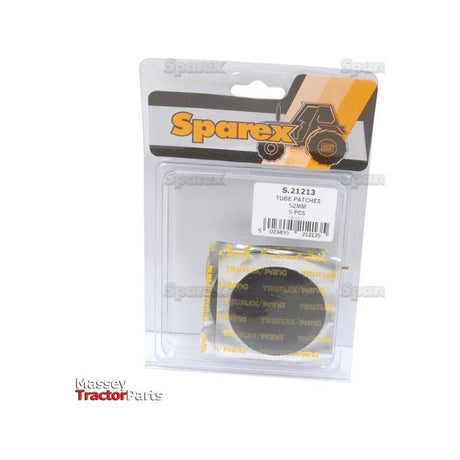 A package of REPAIR PATCH-TUBE-55MM A'PAK, item number S.21213. The packaging displays a tractor graphic and contains five 52mm patches. Branding includes Sparex and Massey Tractor Parts logos from the Agripak series.