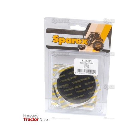 A package of 75mm REPAIR PATCH-TUBE-75MM A'PAK, Sparex Part No.S.21214, containing 5 pieces in a clear plastic container. The packaging features prominent Sparex branding along with a Massey Tractor Parts logo in the bottom left corner.
