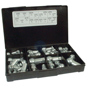 A black plastic container with multiple compartments holds various metal fittings and fasteners, including bolts, screws, and RH and LH CS Type Ball Joints & Security Clips Din 71802 from the brand Sparex. The lid features a label listing item codes and descriptions for the 44-piece Handipak (S.13069).