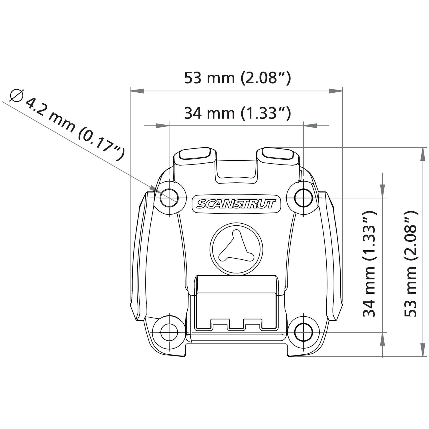 Technical drawing of a Sparex ROKK™ Mini Surface Mount - S.119754 with dimensions in millimeters and inches, showing a 53mm (2.08”) width, 34mm (1.33”) height, and 4.2mm (0.17”) diameter holes. Features a ROKK mini screw down base for secure mounting.
