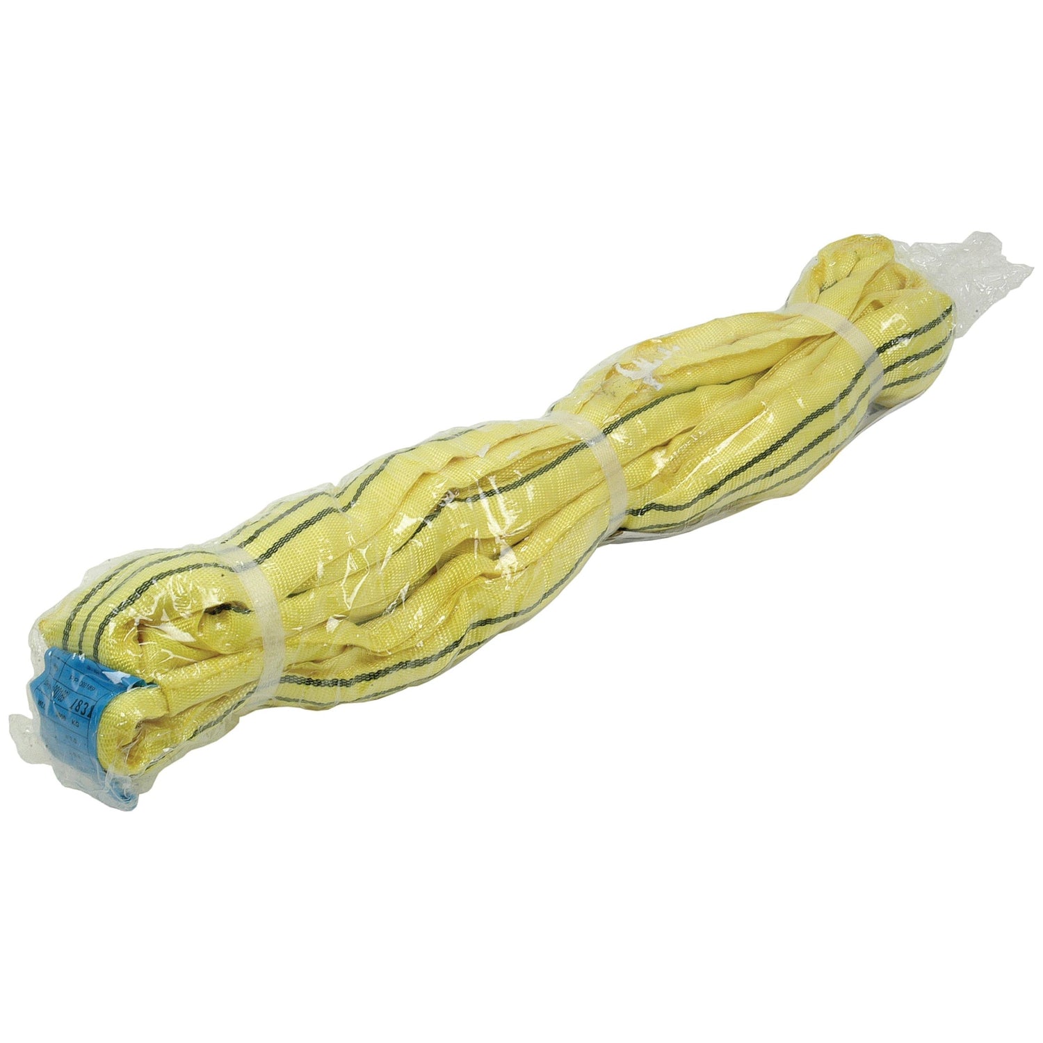 A tightly wrapped yellow "Lifting Loop 60mm x 4M (3000KG) | Sparex Part No.S.20699" from Sparex, featuring green stripes and designed for general lifting and pulling, coiled and secured with plastic wrap.