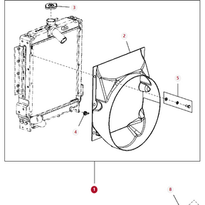 Exploded view of the Massey Ferguson Radiator (Model 2321P00402) by AGCO, showcasing parts labeled 1 through 8, with a central focus on the main frame, circular cover, and various fasteners.