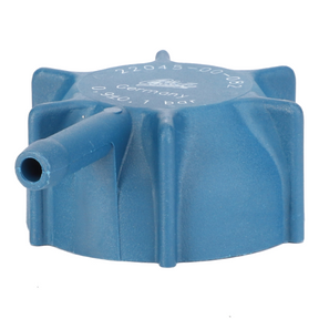 A blue plastic radiator cap, model G718202050050 by AGCO, featuring a cylindrical protrusion and ridged sides. This cap is commonly used in the cooling system pressure mechanisms of Fendt Vario Models. The top is inscribed with numbers and text.
