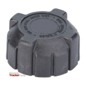 Close-up of a black plastic radiator cap with a ridged edge and text around the center, fits perfectly as the AGCO Massey Ferguson Radiator Cap, Threaded, for Expansion Tank - V33690710 tractor parts.