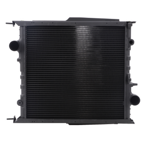 A front view of the black AGCO G117200050200 Radiator for Fendt Models FARMER 309 C, featuring cooling fins and multiple inlet and outlet ports to enhance engine efficiency.