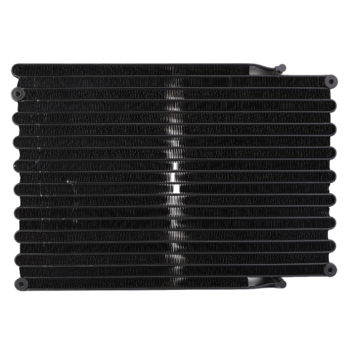A Fendt - Radiator - H931552061100 by AGCO, featuring a black design with horizontal rows of thin metal fins and several mounting points on its frame, tailored for Fendt Models. This component is engineered for optimal heating and air conditioning performance. Use AGCO Parts Genuine for reliable operation and durability.