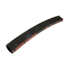Image of a black 19mm hose, slightly curved, with red and white text along its length. The text reads "RUBBER HOSE - 1 IN." This Sparex Radiator Hose - S.56002 is made of EDPM rubber and reinforced with Rayon cord for added durability.
