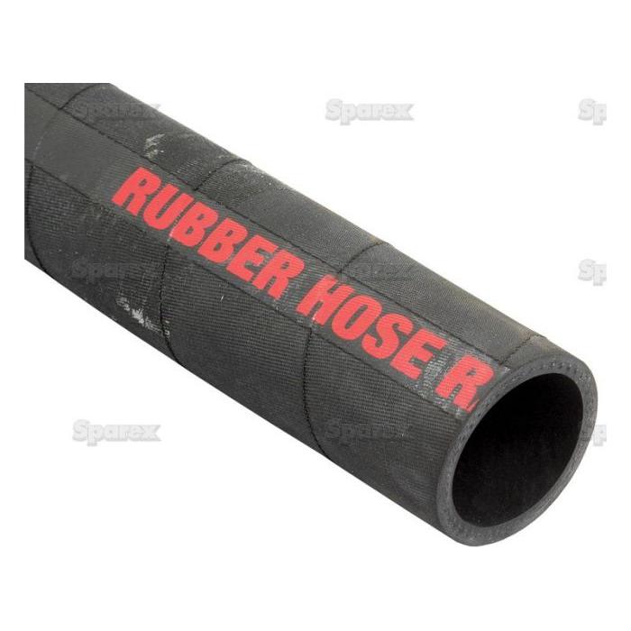 Close-up of a Sparex Radiator Hose - S.56008 made from black EDPM rubber, with red text "RUBBER HOSE R" printed on its surface. The 1m hose is shown at an angle, highlighting its cylindrical shape and open end.