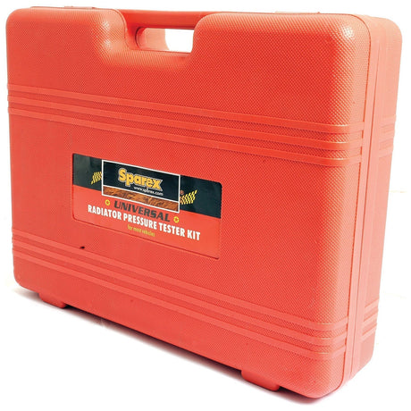 A red plastic carrying case with a label that reads "Sparex Radiator Pressure Testing Kit - S.27898", complete with product specifications for easy reference.