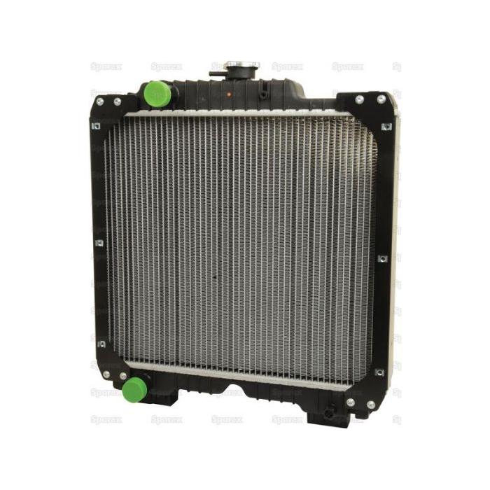 The Radiator - S.107417 by Sparex is a large, rectangular radiator featuring metal fins and a central cap on top, with green plastic covers on the side nozzles. It is suitable for Ford New Holland TD95D models and is showcased against a white background.
