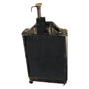 A Sparex Radiator - S.22509 featuring a black finish, one brass-colored inlet valve at the top, a Radiator Cap, and a metallic frame.