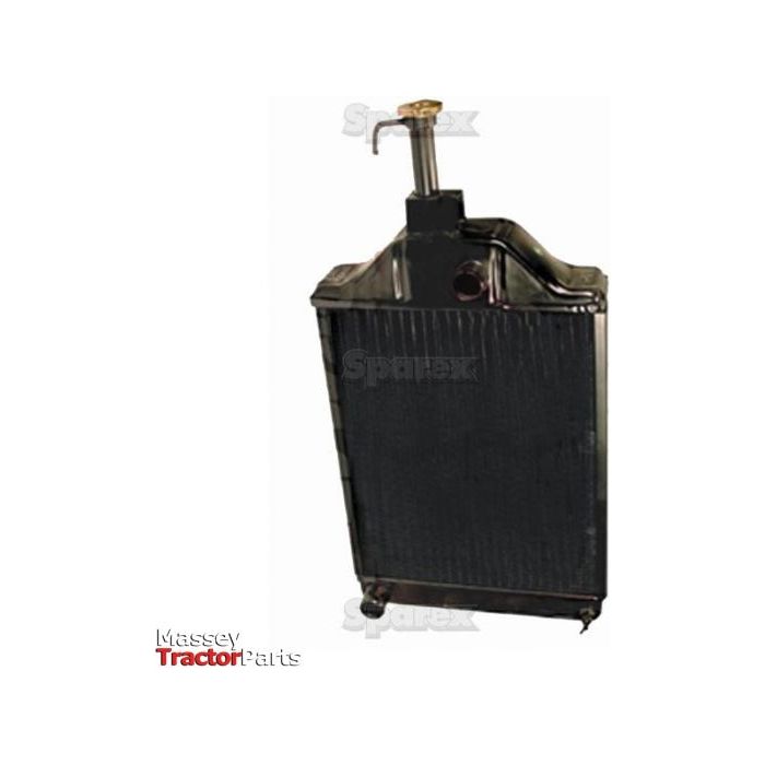 A metal radiator for a Massey Ferguson 575 tractor engine, labeled as Radiator - S.22509 by Sparex, is displayed against a plain white background. Included with the product is a Sparex radiator cap, and it is provided by Massey Tractor Parts.