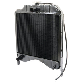The Radiator - S.22510 by Sparex is a black automotive radiator with visible top and bottom hoses, featuring a grid of cooling fins in the center and a secure radiator cap, perfectly compatible with David Brown 1390.