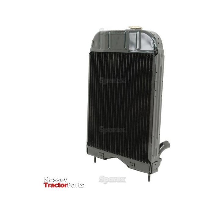 A black tractor radiator from Sparex, model S.40095, featuring vertical fins for effective heat dissipation, comes with a compatible Radiator Cap.