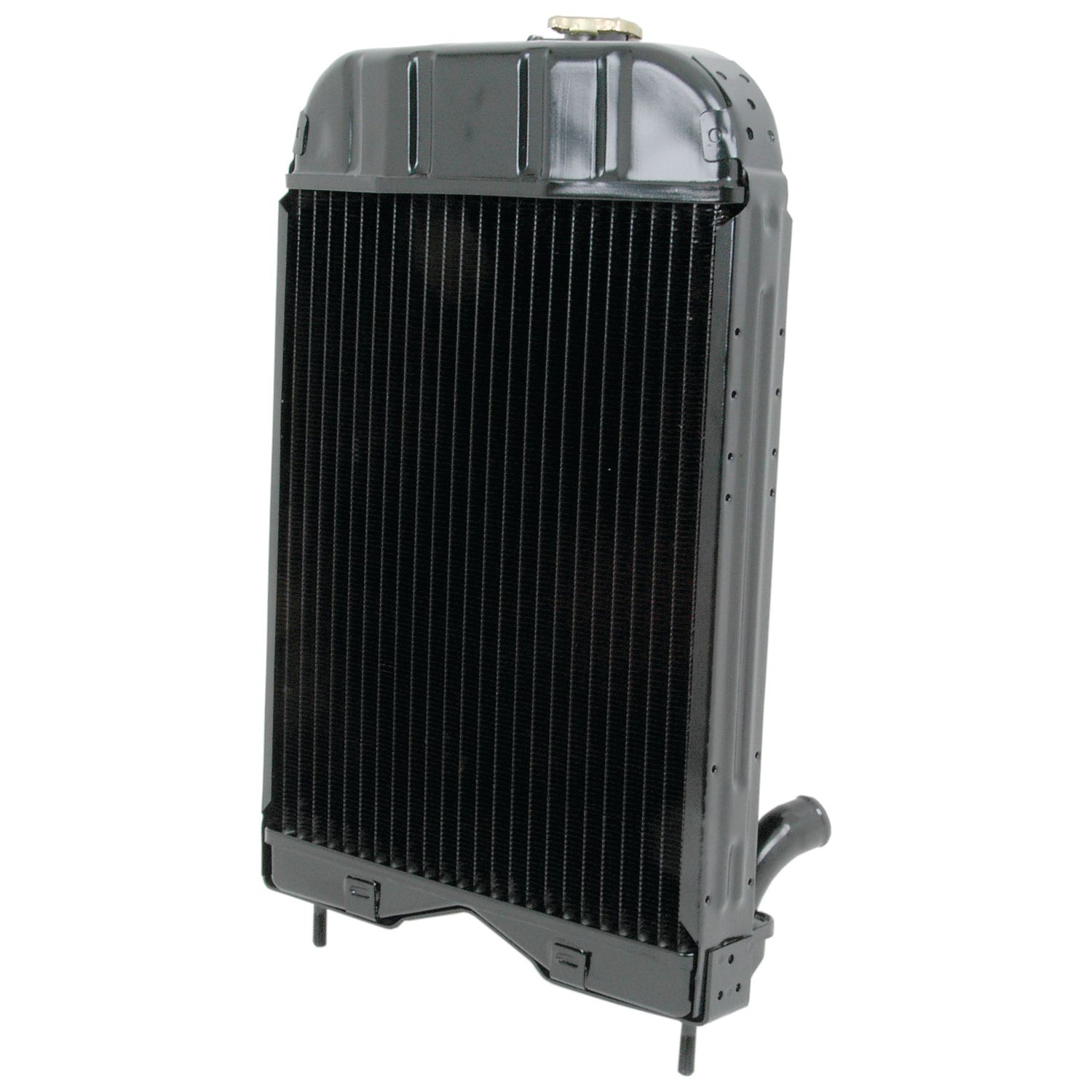 A Sparex Radiator - S.40095 with black metal fins and a top-mounted radiator cap stands upright against a plain white background.