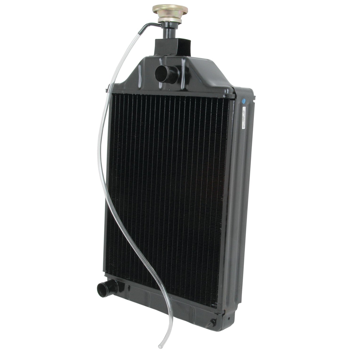 A black, rectangular 2 row automotive radiator with an attached hose and a metal cap on top, manufactured by Sparex, identified as Radiator - S.42196.