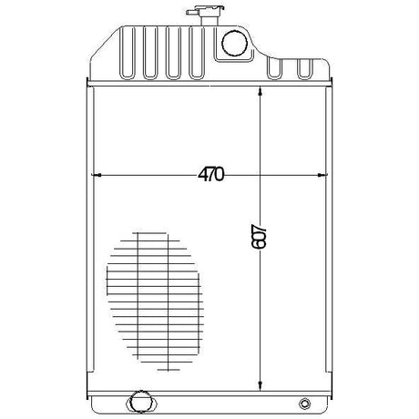 Technical drawing of a container with dimensions marked. The width is labeled as 470 units and the height as 687 units, similar to the specifications you might find for a Radiator - S.42704 by Sparex.
