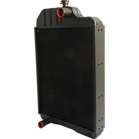 An upright Radiator - S.42704 by Sparex featuring a black mesh center, red inlet and outlet pipes on the top and bottom sides, and a sleek radiator cap for optimal performance.