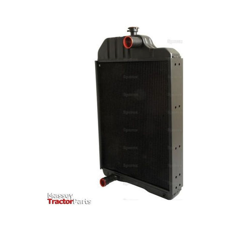 Image of a black and red tractor radiator essential for cooling, labeled "Radiator - S.42704" by Sparex. Features include an upper fill cap, Sparex rectangular core, and a lower hose connection port.
