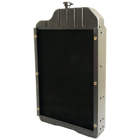 A vertical black Sparex radiator (Model: S.42704) with metal sides and a rounded top, featuring multiple screw holes for mounting, isolated on a white background. This model can also be equipped with a Sparex radiator cap for enhanced functionality.